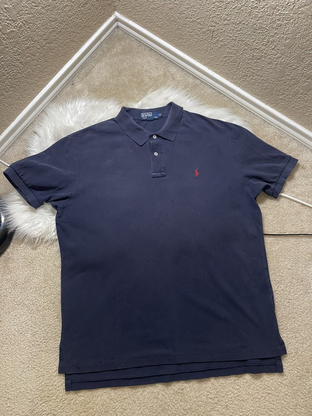 VTG Polo Ralph Lauren Made in USA Navy Red Pony Short Sleeve Collared Shirt XL